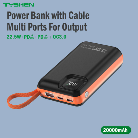 20000mAh Power Bank with Lanyard Cable Output, 22.5W, PD20W, PD18W, QC3.0 Compatible