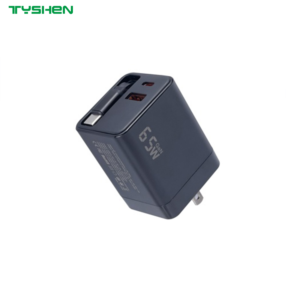 65W GaN Phone Charger with Retractable USB-C Cable PD Fast Charge