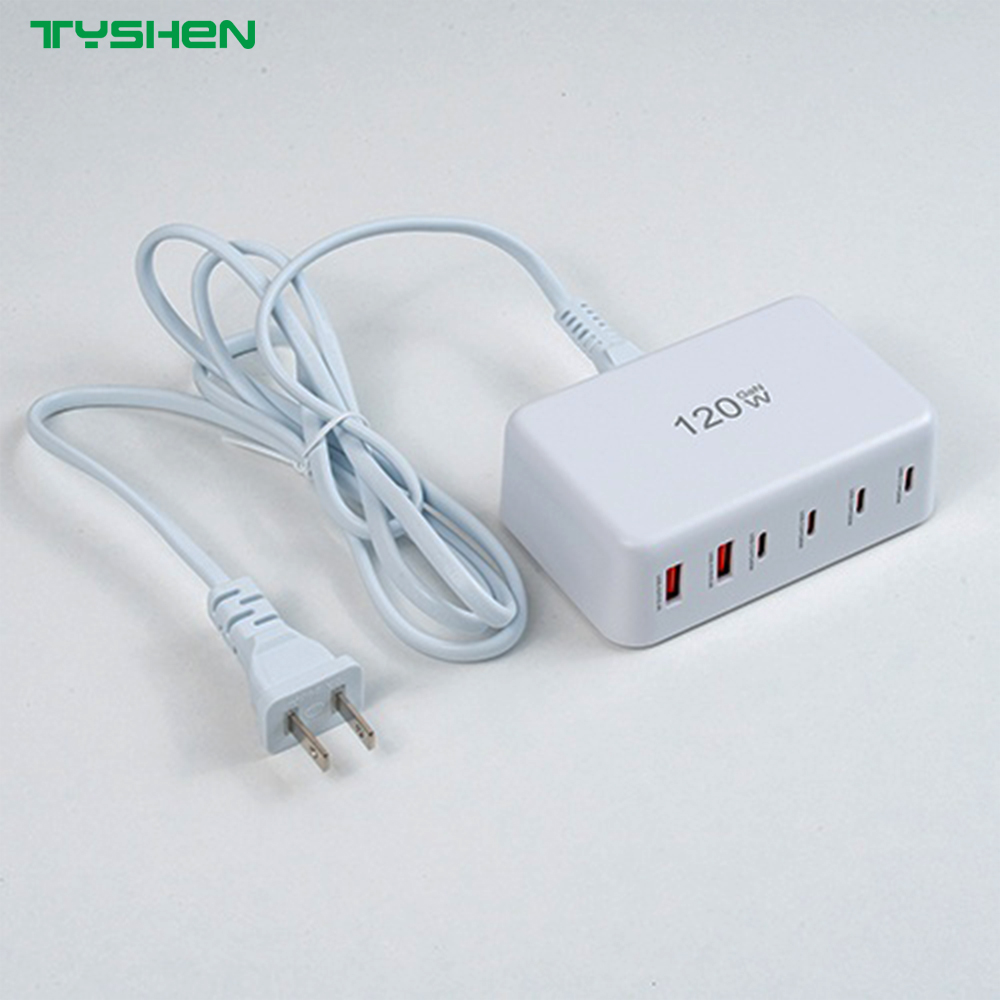 120W 6-Port Fast Charging Station USB-C/USB Multi-Plug Charger Desktop US/EU/AU/KR Fast Charger