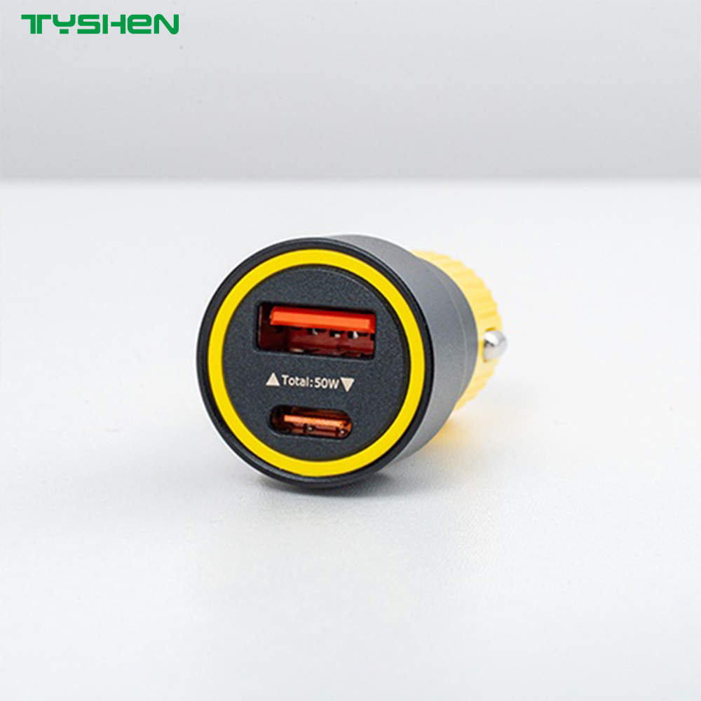 50W Dual Port USB-C USB-A Fast Car Charger Aluminum Alloy Adapter