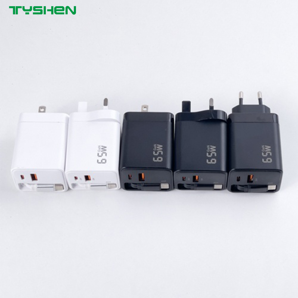 65W GaN Phone Charger with Retractable USB-C Cable PD Fast Charge