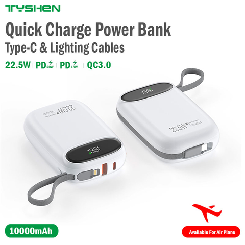 Mini Power Bank 10000mAh with Quick Charge, Built-in Type-C & Lighting Cables