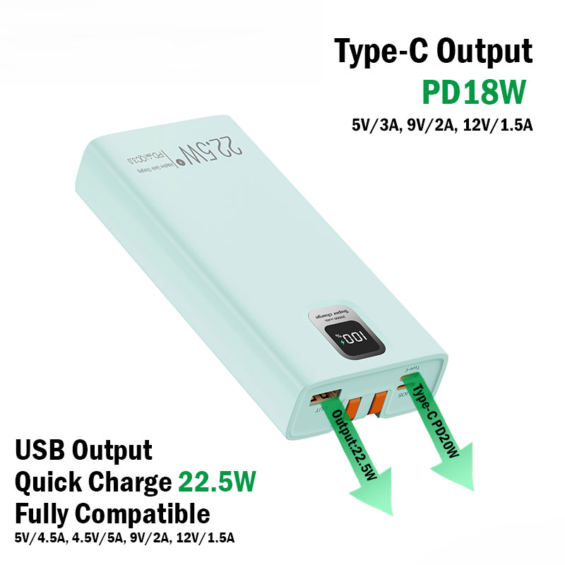 20000mAh Quick Charge Power Bank with Type-C&Lighting Cable Output