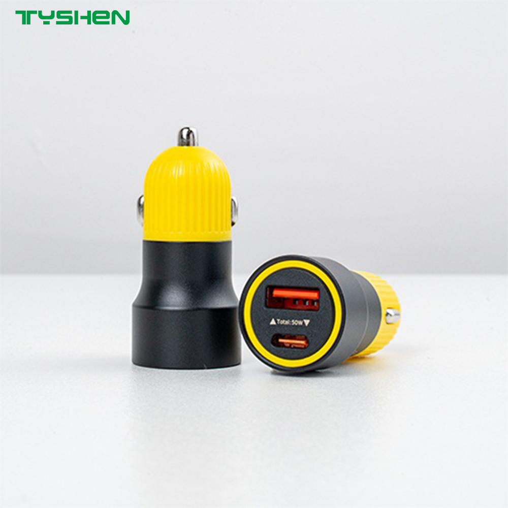 50W Dual Port USB-C USB-A Fast Car Charger Aluminum Alloy Adapter