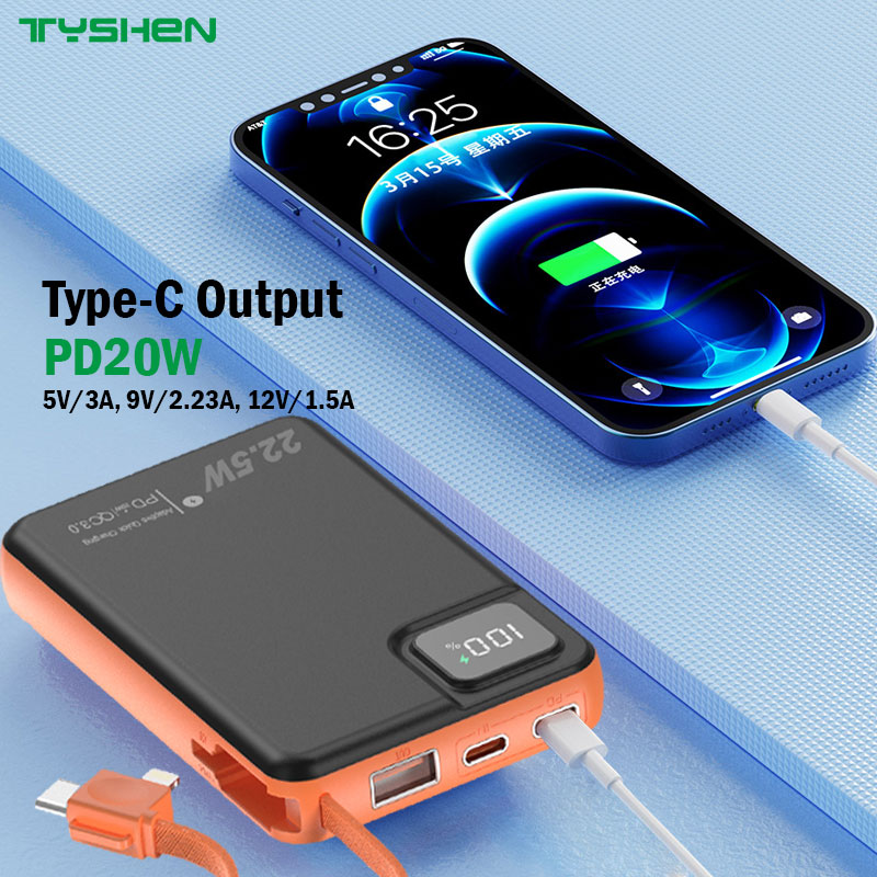 10000mAh Power Bank with Lanyard Cable Type-C&Lightining Output Quick Charge Compatible