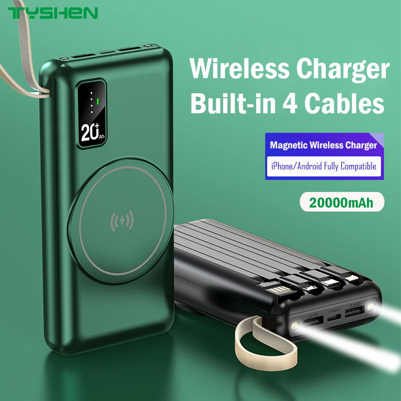 Magsefe&Wired 2 in 1 Power Bank with 4 Cables&Flash Light 20000mAh
