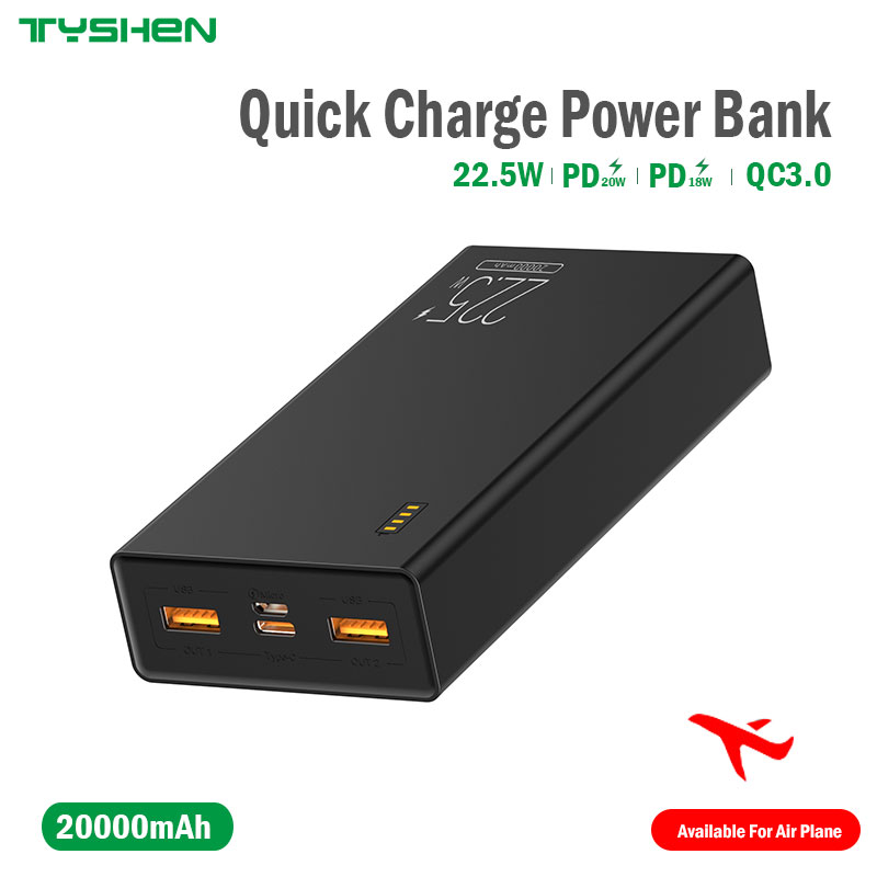 Quick Charge Power Bank 20000mAh, Type-C in&out, 2*USB Quick Charge Output, Micro Input