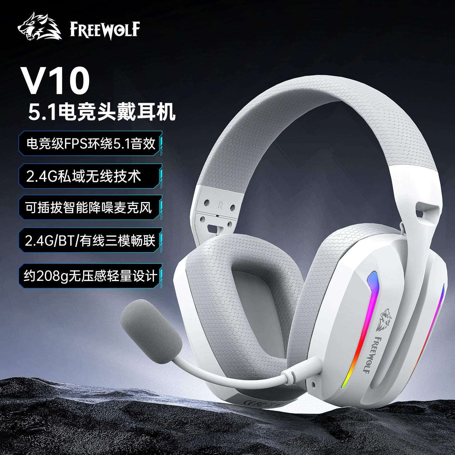 RGB Wireless Headset 5.1 Audio Bluetooth Headphones With Detachable Noise Cancelling Microphone