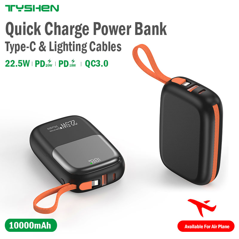 Mini-Size Power Bank 10000mAh, Quikck Charge With Type-C & Lightning Cable