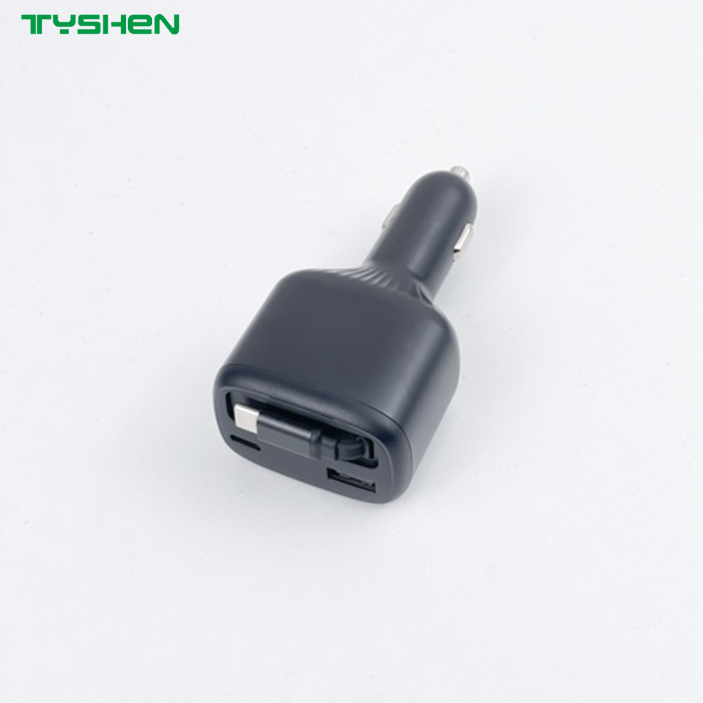 80W Digital Display Car Charger Retractable Cable USB-A USB-C Fast Charging