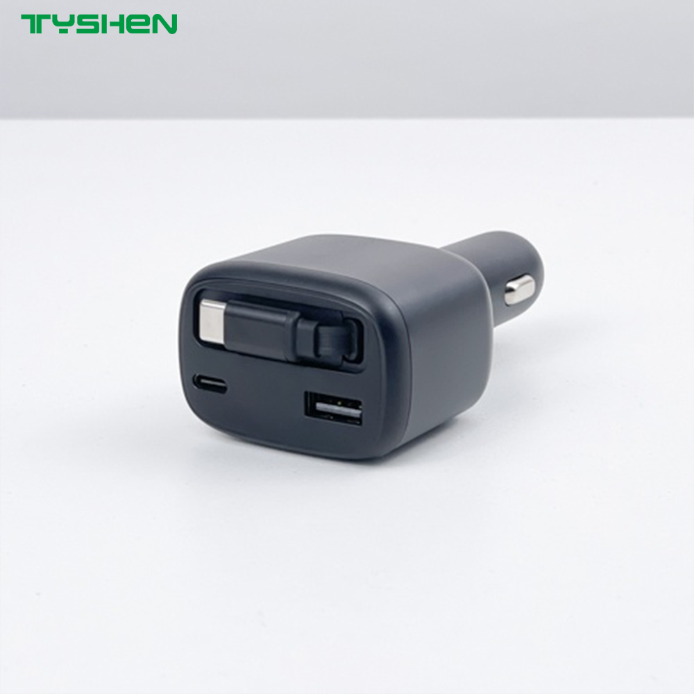 80W Digital Display Car Charger Retractable Cable USB-A USB-C Fast Charging
