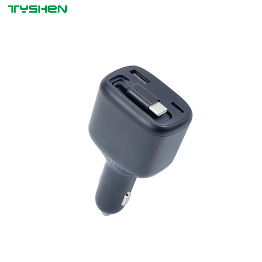 80W Digital Display Car Charger Retractable Cable USB-A USB-C Fast Charging