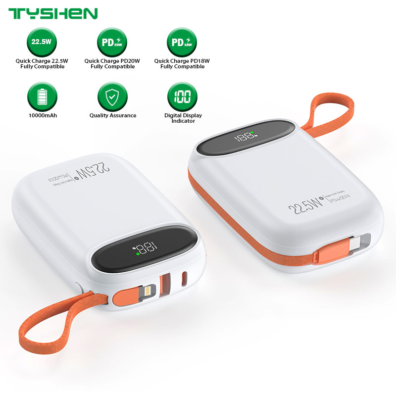 Mini Power Bank 10000mAh with Quick Charge, Built-in Type-C & Lighting Cables