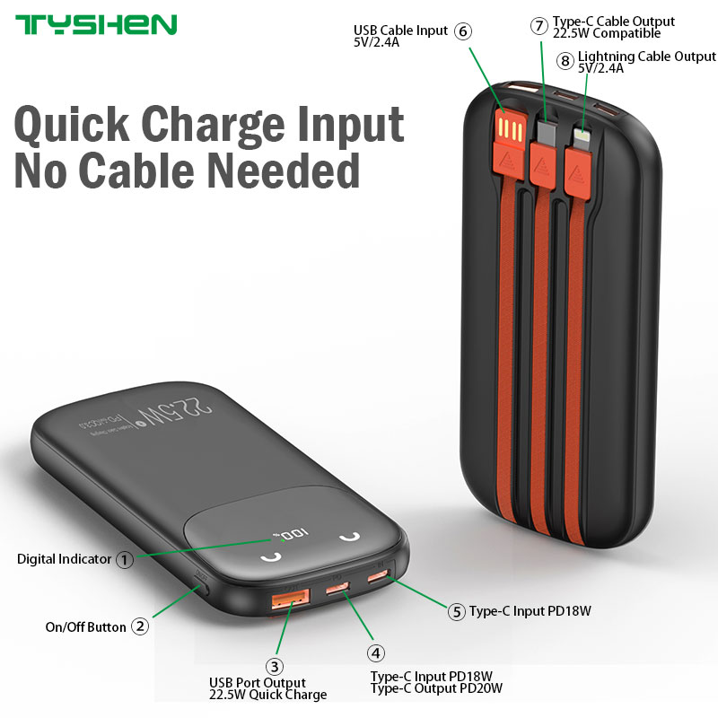 Quick Charge Power Bank 10000mAh with Cables, USB/Type-C/Lightning Cable Available