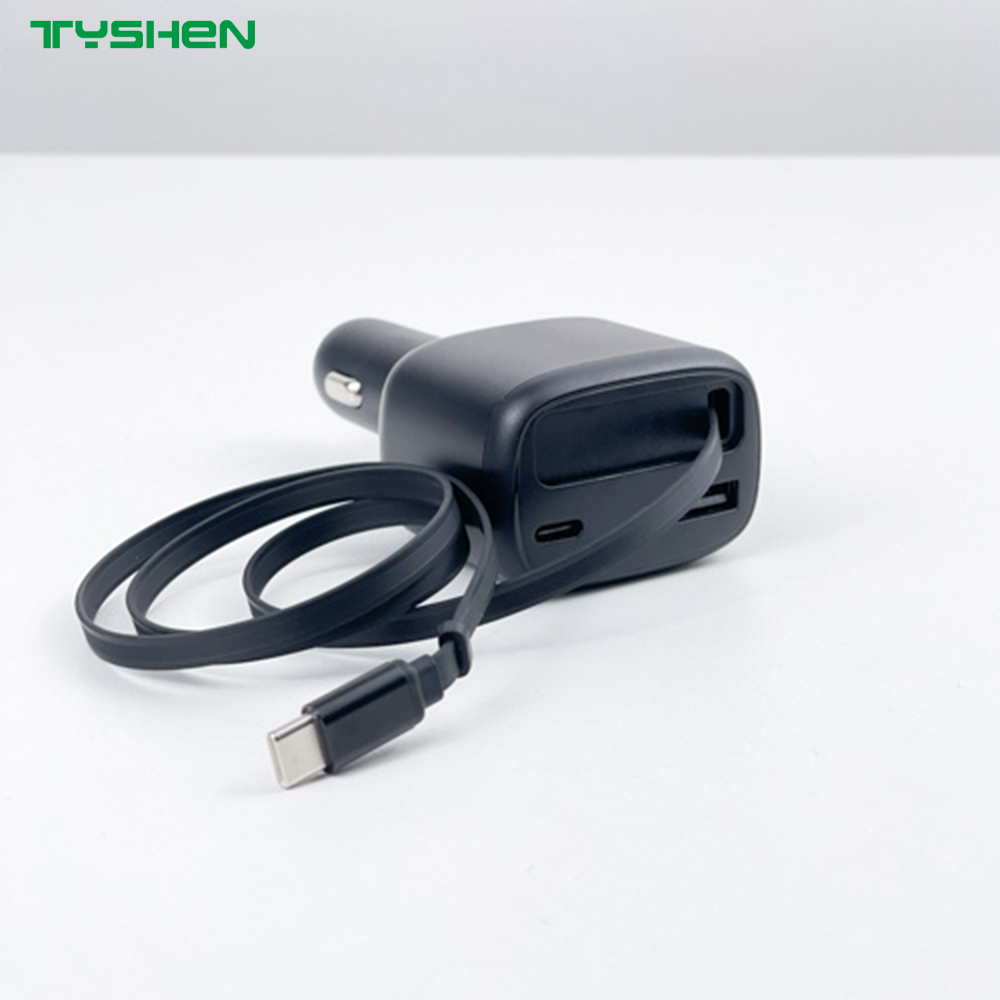 80W Digital Display Car Charger Retractable Cable USB-A USB-C Fast Charging
