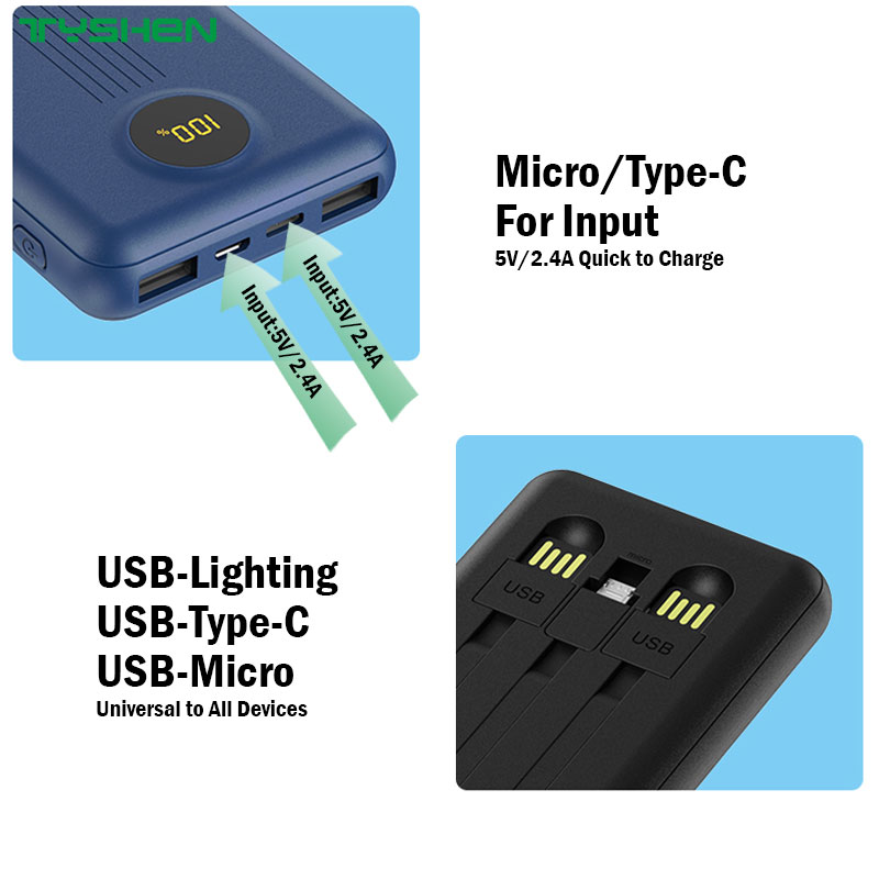10000mAh Power Bank with Detachable 3 Cables