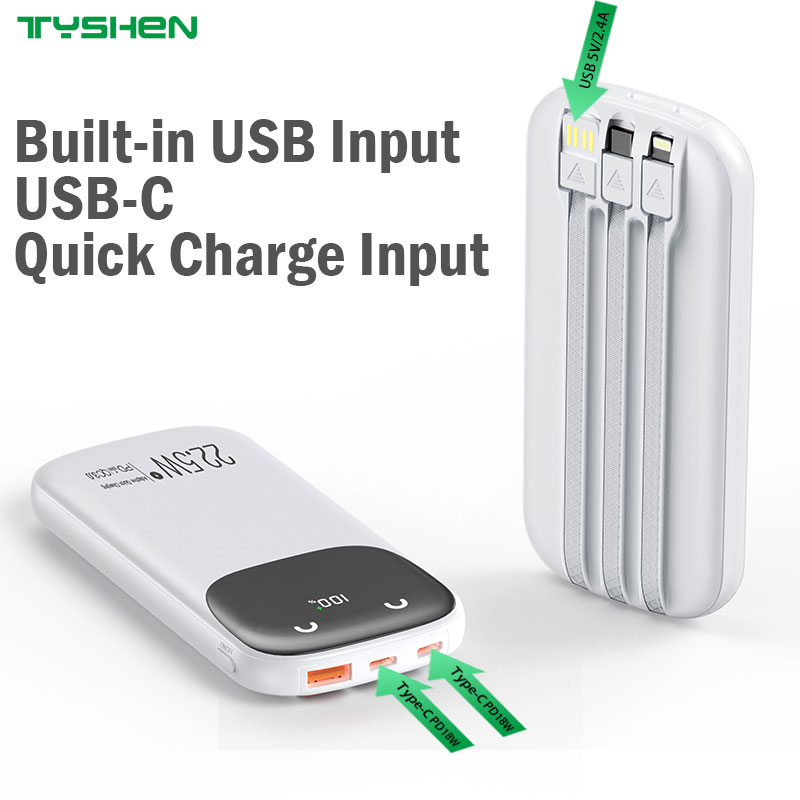 Quick Charge Power Bank 10000mAh with Cables, USB/Type-C/Lightning Cable Available