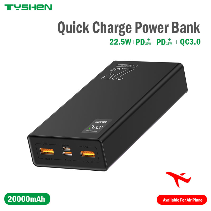 Quick Charge Power Bank 20000mAh, Micro&Type-C Input, 2*USB Output