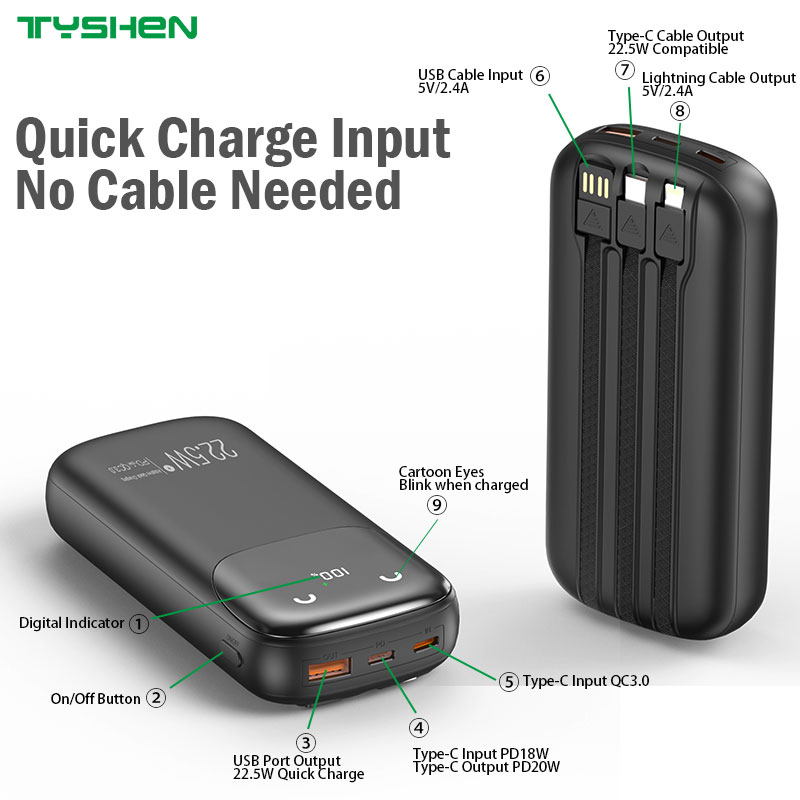 20000mAh Power Bank 22.5W/PD20W/PD18W Available with USB / Type-C / Lightning Cables