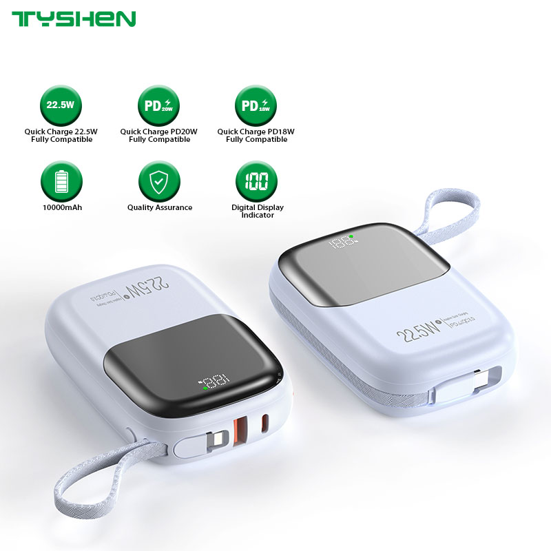 Mini-Size Power Bank 10000mAh, Quikck Charge With Type-C & Lightning Cable