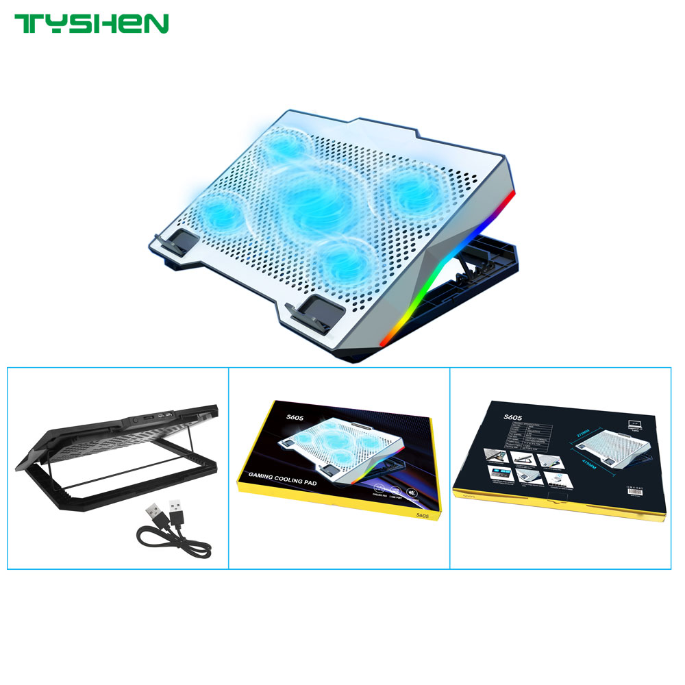 5-Fan Adjustable Laptop Cooling Fan with Phone Holder & Dual USB